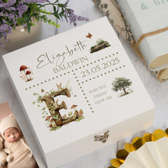 Personalised Woodland Theme Baby Memory Keepsake Box With Birth Details