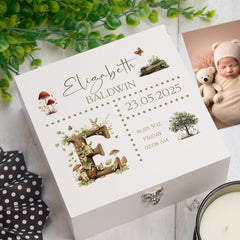 Personalised Woodland Theme Baby Memory Keepsake Box With Birth Details
