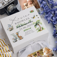 Personalised Tropical Safari Theme Baby Memory Keepsake Box With Birth Details