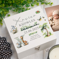 Personalised Tropical Safari Theme Baby Memory Keepsake Box With Birth Details