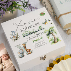 Personalised Tropical Safari Theme Baby Memory Keepsake Box With Birth Details