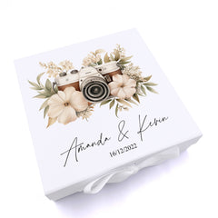 Personalised Wedding Box With Floral Camera Design and Ribbon Closure