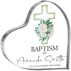 Personalised Baptism Heart Block With Green Floral Cross In Gift Box