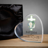 Personalised Baptism Heart Block With Green Floral Cross In Gift Box