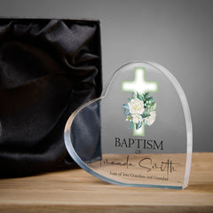 Personalised Baptism Heart Block With Green Floral Cross In Gift Box