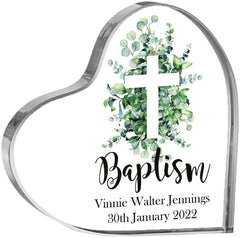 Personalised Baptism Heart Block With Green Leaf Cross In Gift Box