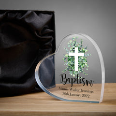 Personalised Baptism Heart Block With Green Leaf Cross In Gift Box