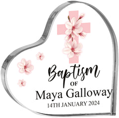 Personalised Baptism Heart Block With Pink Magnolia Cross In Gift Box