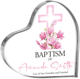 Personalised Baptism Heart Block With Pink Floral Cross In Gift Box