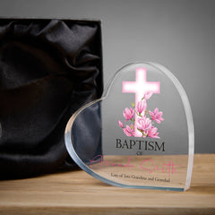 Personalised Baptism Heart Block With Pink Floral Cross In Gift Box