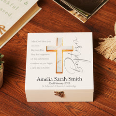 Personalised Baptism Keepsake Memory Box Gift With Marble Cross