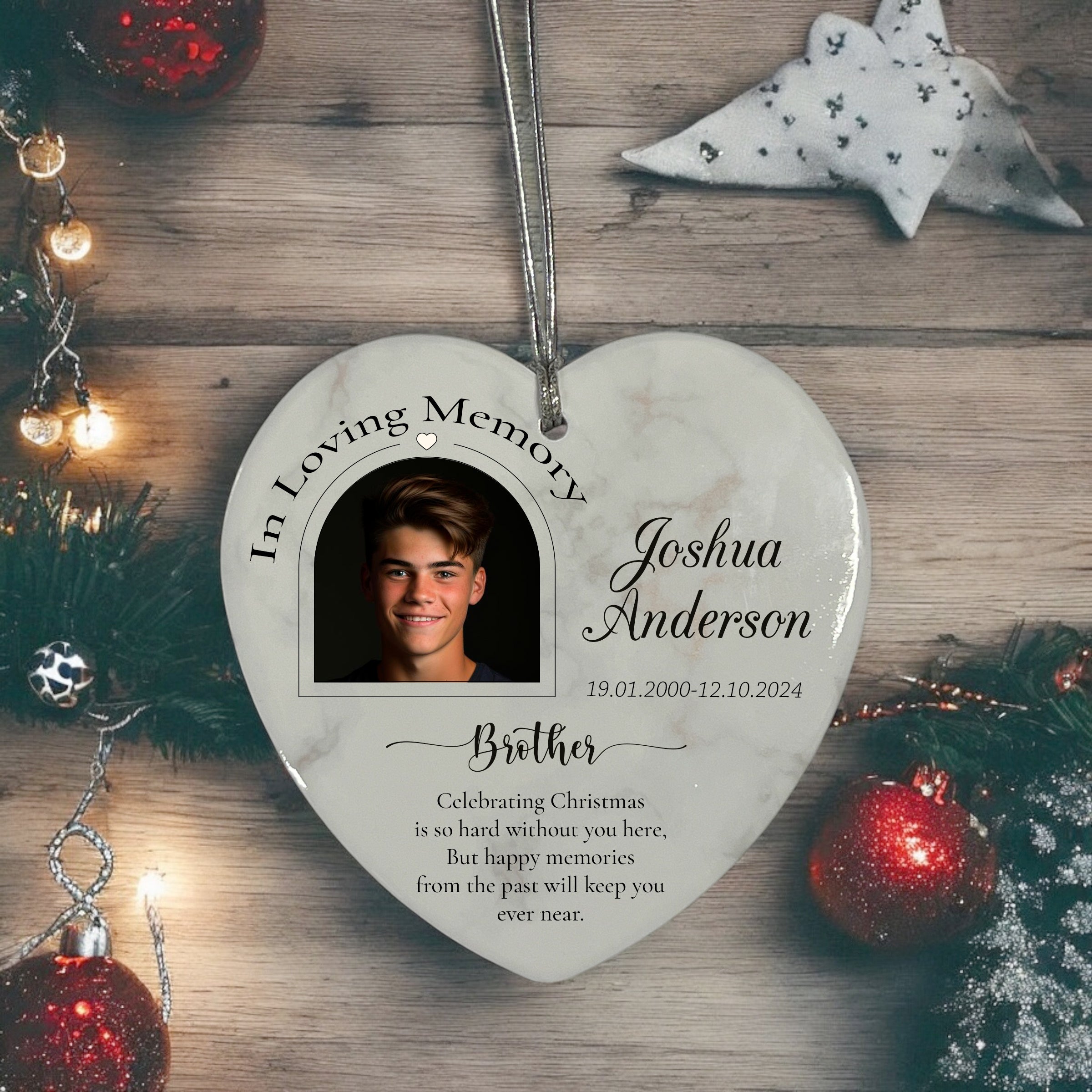 In Loving Memory At Christmas Hanging Ceramic Heart Decoration-Brother Personalised Heart Gifts ukgiftstoreonline