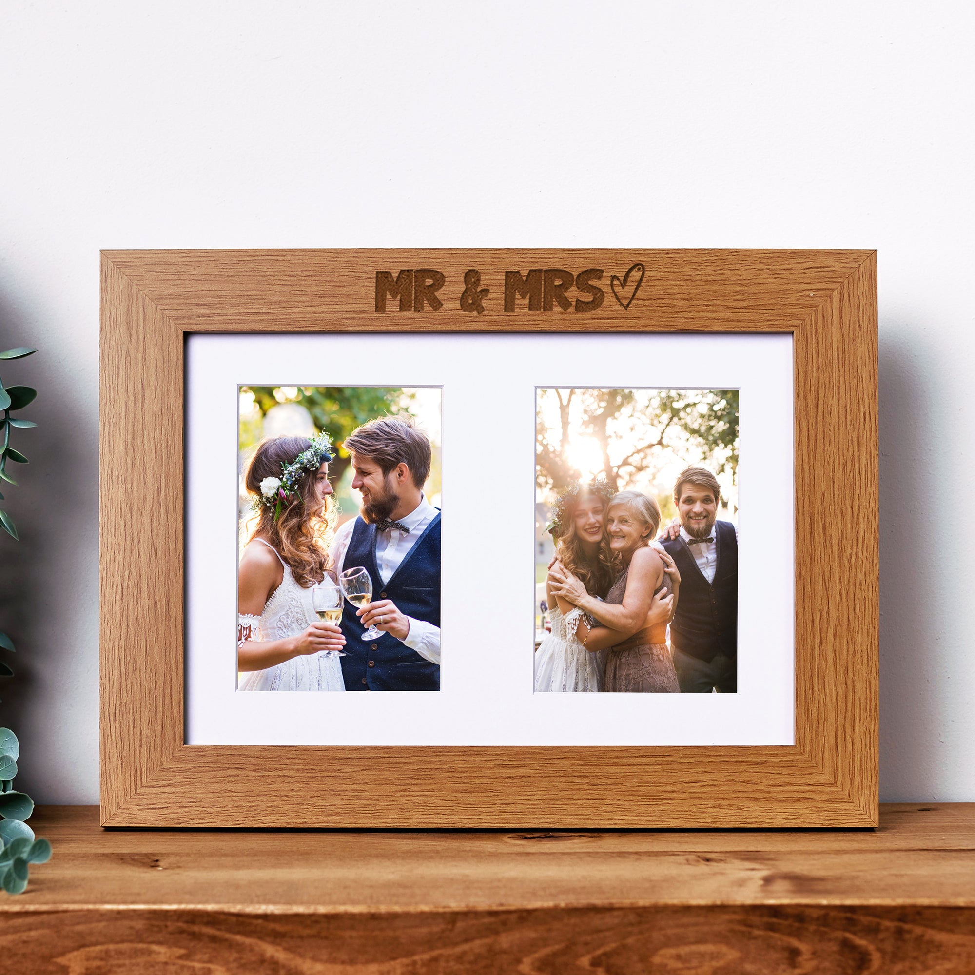 Wedding Photo Frame Double 6x4 Inch - Oak Wood Mr and Mrs Engraved Frame Photo Frame ukgiftstoreonline