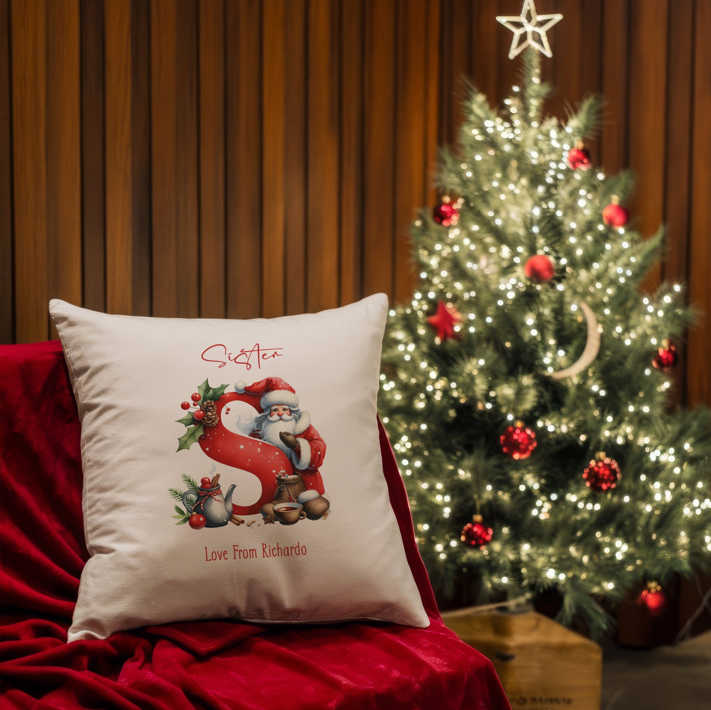 Personalised Christmas Cushion Gift With Red Santa Letters Personalised Cushion Gifts ukgiftstoreonline