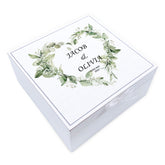 Personalised Wedding Day Vintage Wooden Keepsake Box Gift With Floral Wreath Heart Print