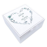 Personalised Wedding Day Vintage Wooden Keepsake Box Gift With Dusty Blue Floral Heart Print