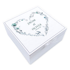 Personalised Wedding Day Vintage Wooden Keepsake Box Gift With Dusty Blue Floral Heart Print Keepsake Boxes ukgiftstoreonline