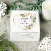 Personalised Wedding Day Vintage Wooden Keepsake Box Gift With Gold Green Heart Print