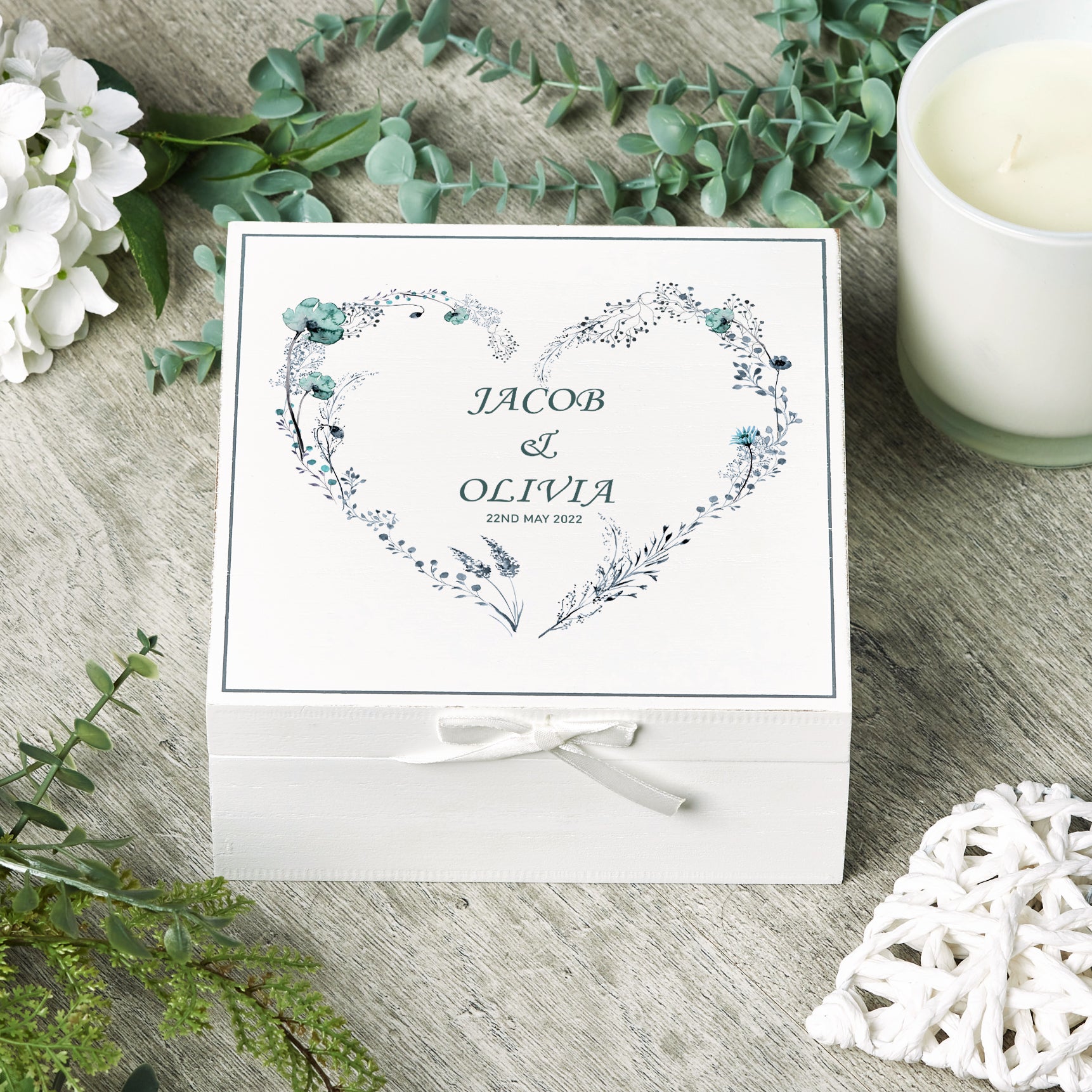 Personalised Wedding Day Vintage Wooden Keepsake Box Gift With Dusty Blue Floral Heart Print Keepsake Boxes ukgiftstoreonline