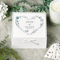 Personalised Wedding Day Vintage Wooden Keepsake Box Gift With Dusty Blue Floral Heart Print Keepsake Boxes ukgiftstoreonline