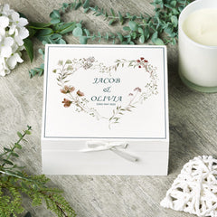Personalised Wedding Day Vintage Wooden Keepsake Box Gift With Dusty Watercolour Floral Heart Print Keepsake Boxes ukgiftstoreonline