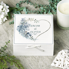 Personalised Wedding Day Vintage Wooden Keepsake Box Gift With Blue Palms Heart Print