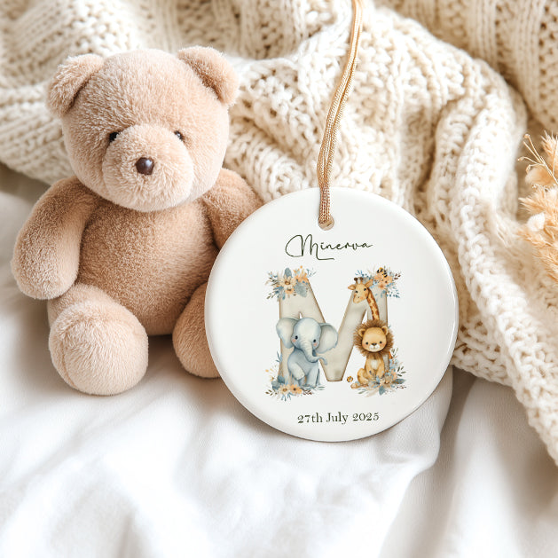 Personalised New Baby Keepsake Nursery Ornament With Safari Animals Alphabet Design Personalised Heart Gifts ukgiftstoreonline