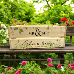 Personalised Green Leaf Wedding Crate, Wooden Crate, Wedding Hamper Decor