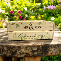 Personalised Green Leaf Wedding Crate, Wooden Crate, Wedding Hamper Decor