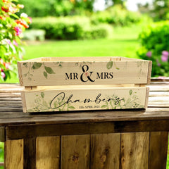 Personalised Green Leaf Wedding Crate, Wooden Crate, Wedding Hamper Decor
