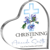 Personalised Christening Heart Block With Blue Floral Cross In Gift Box