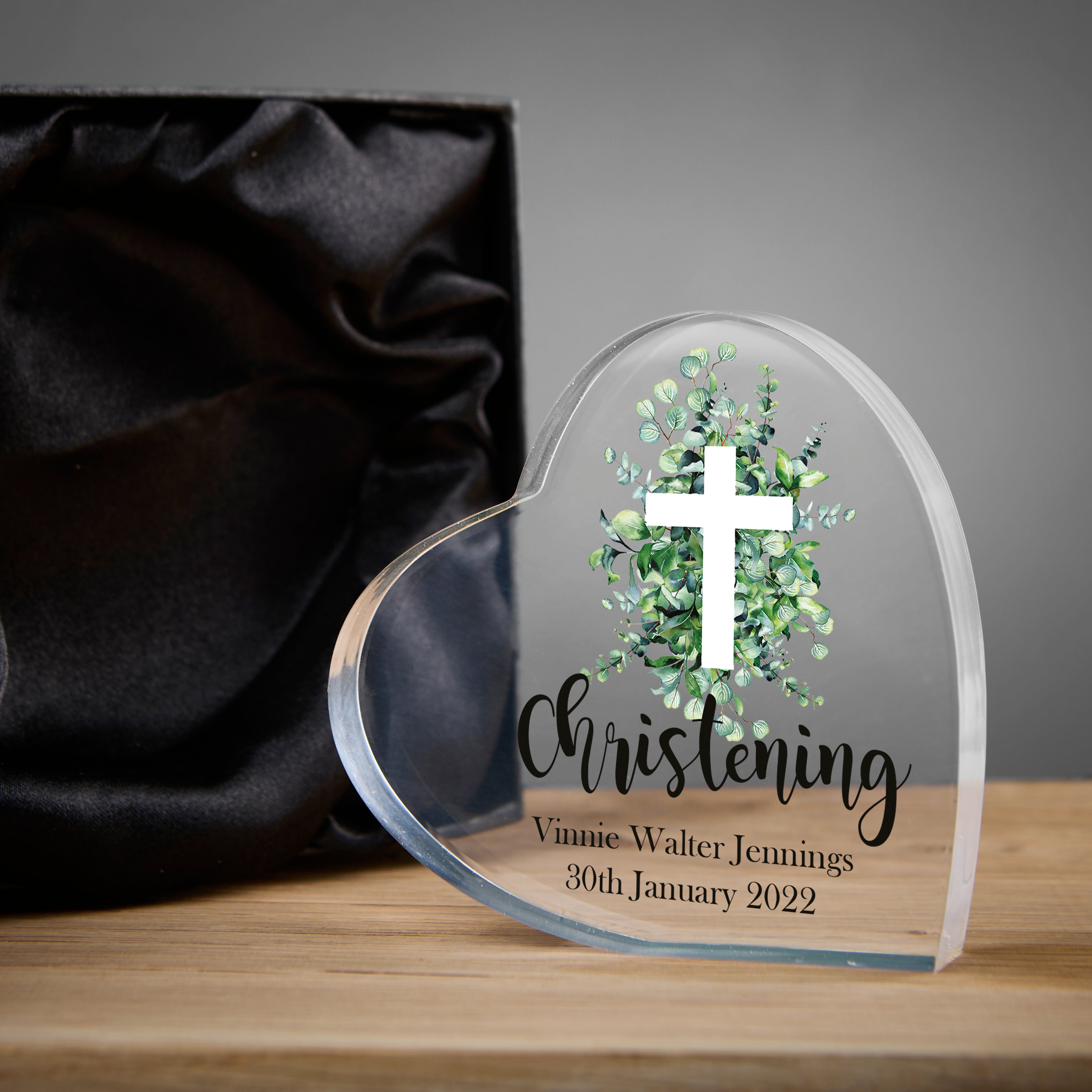 Personalised Christening Heart Block With Green Leaf Cross In Gift Box Personalised Plaque Gift ukgiftstoreonline