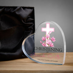 Personalised Christening Heart Block With Pink Floral Cross In Gift Box