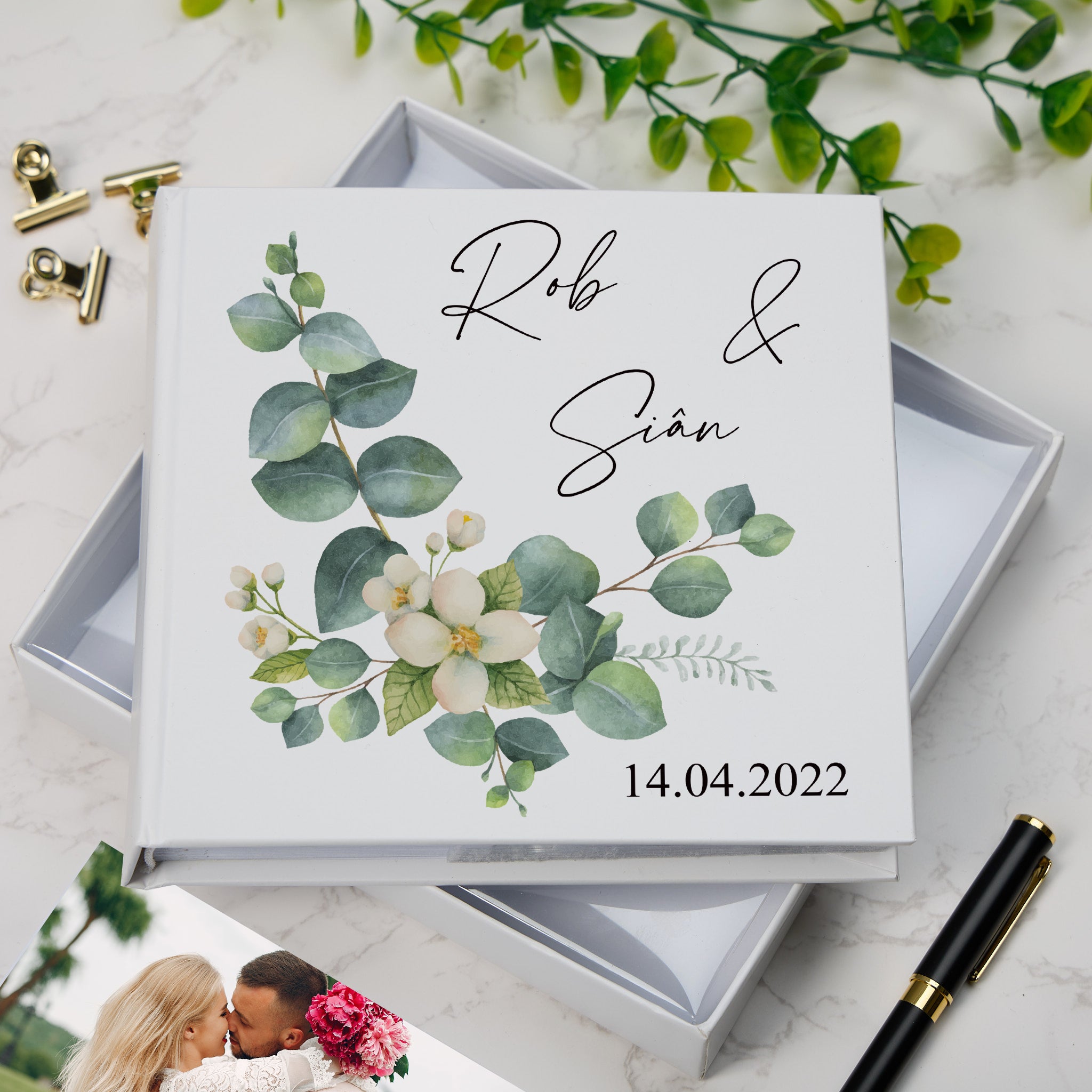 Personalised Wedding Photo album with Eucalyptus Design wedding photo album ukgiftstoreonline