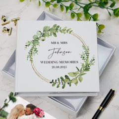 Personalised Wedding Photo Album Gift Eucalyptus and Gold Wreath personalised photo album ukgiftstoreonline