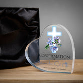Personalised Confirmation Heart Block With Blue Floral Cross Gift Boxed