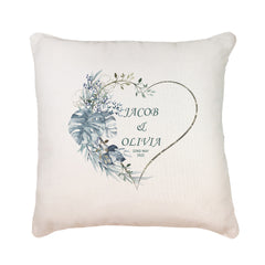 Personalised Wedding Day Cushion Pillow Gift With Blue Tropical Palm Heart