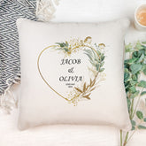 Personalised Wedding Day Cushion Pillow Gift With Gold Green Heart