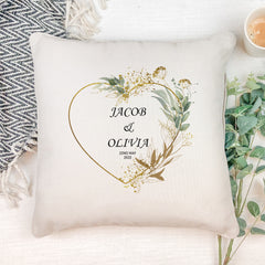Personalised Wedding Day Cushion Pillow Gift With Gold Green Heart