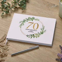Personalised 70th Birthday Gift for her Guest Book Gold Wreath Design