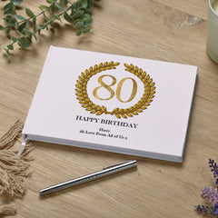Personalised 80th Birthday Gift for Him Guest Book Gold Wreath Design