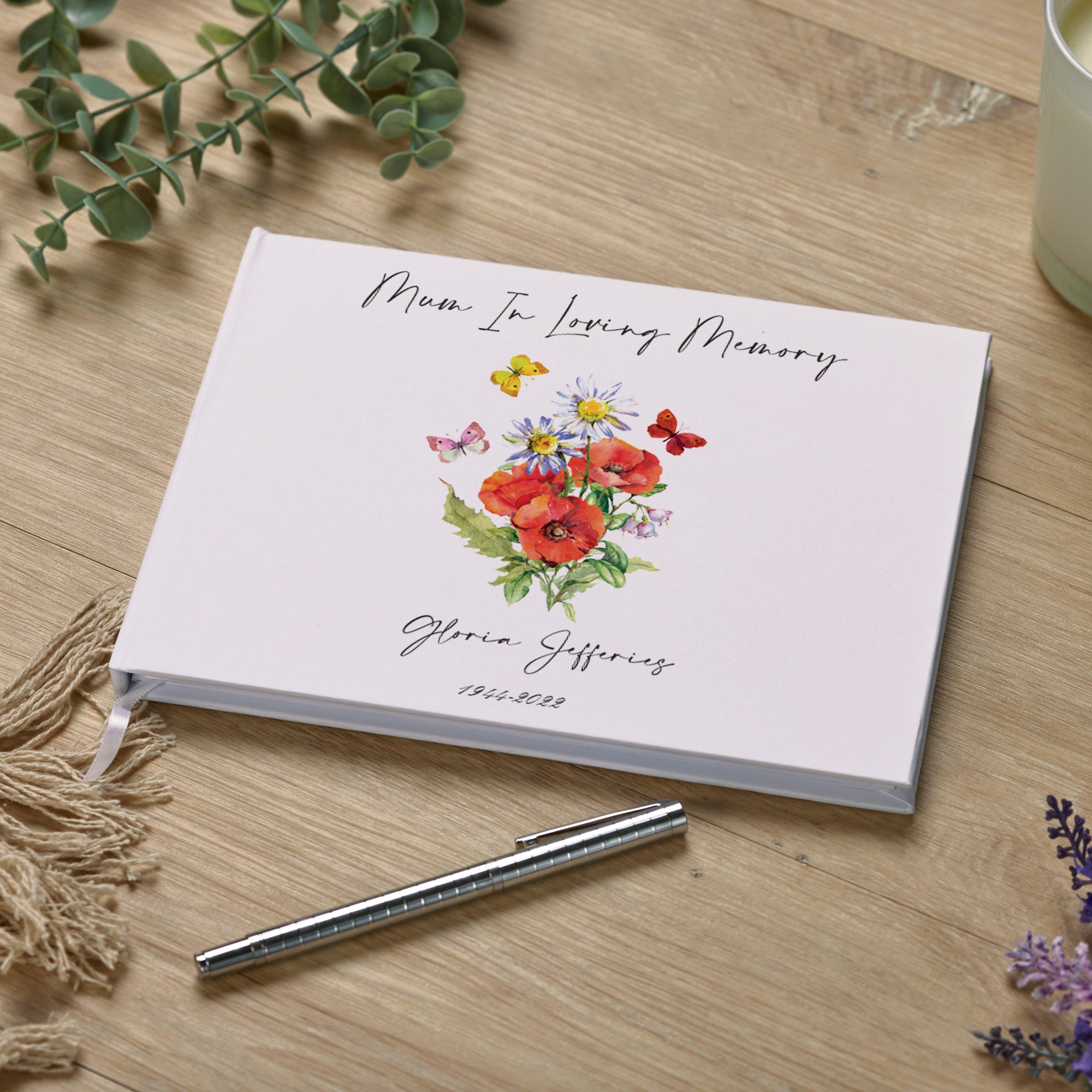Personalised Mum Memorial Funeral Guest Book With Flowers and Butterflies Guest Book ukgiftstoreonline