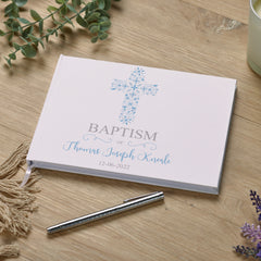 Personalised Baptism Blue Ornate Cross Design Guest Book