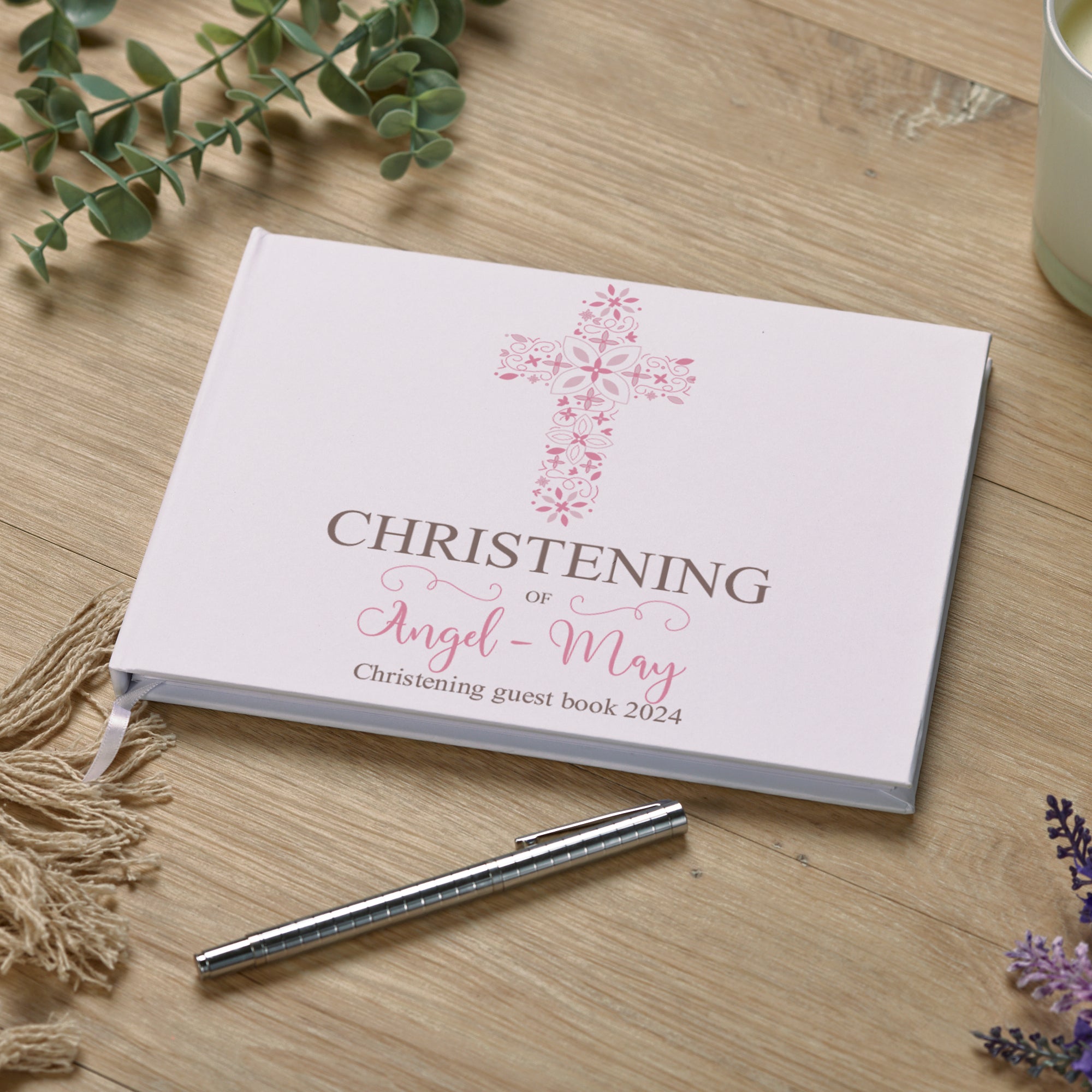 Personalised Christening Pink Ornate Cross Guest Book Guest Book ukgiftstoreonline