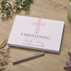 Personalised Christening Pink Ornate Cross Guest Book Guest Book ukgiftstoreonline
