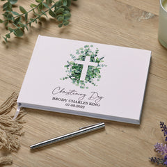 Personalised Christening Guest Book Eucalyptus and Cross Guest Book ukgiftstoreonline