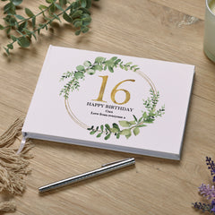 Personalised 16th Birthday Gift for her Guest Book Gold Wreath Design