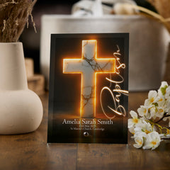 Personalised Baptism Keepsake Plaque Gift With Marble Cross Glow