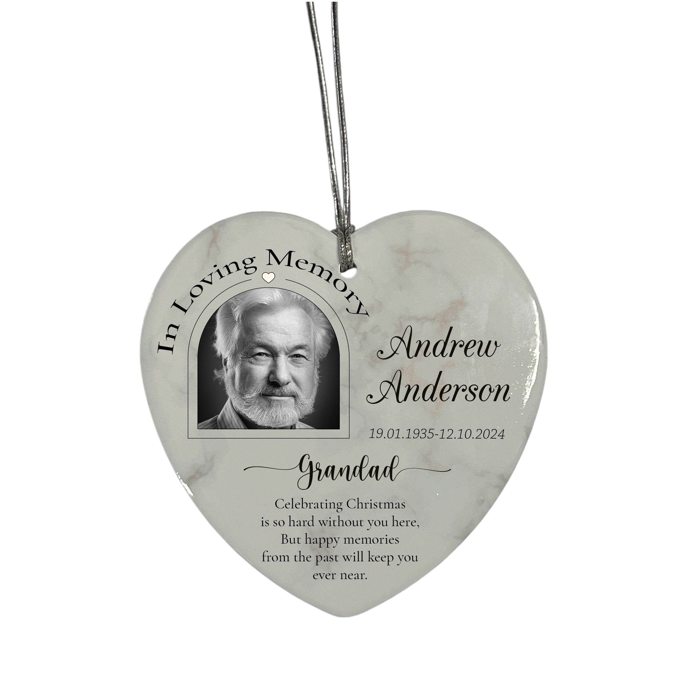 In Loving Memory At Christmas Hanging Ceramic Heart Decoration-Grandad Personalised Heart Gifts ukgiftstoreonline