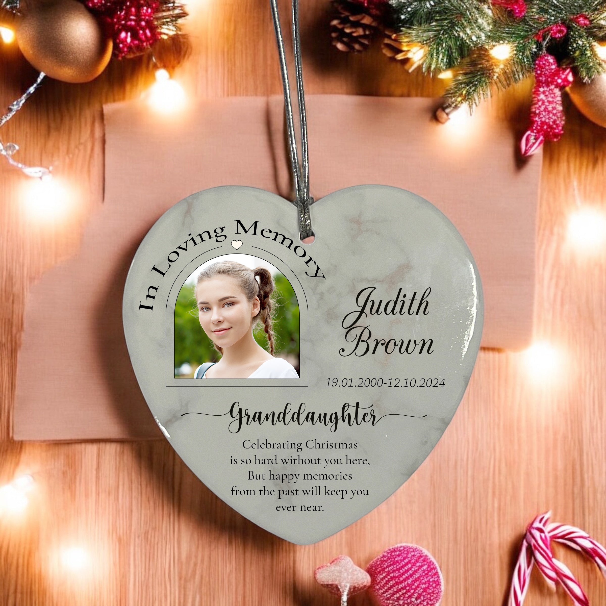 In Loving Memory At Christmas Hanging Ceramic Heart Decoration-Granddaughter Personalised Heart Gifts ukgiftstoreonline